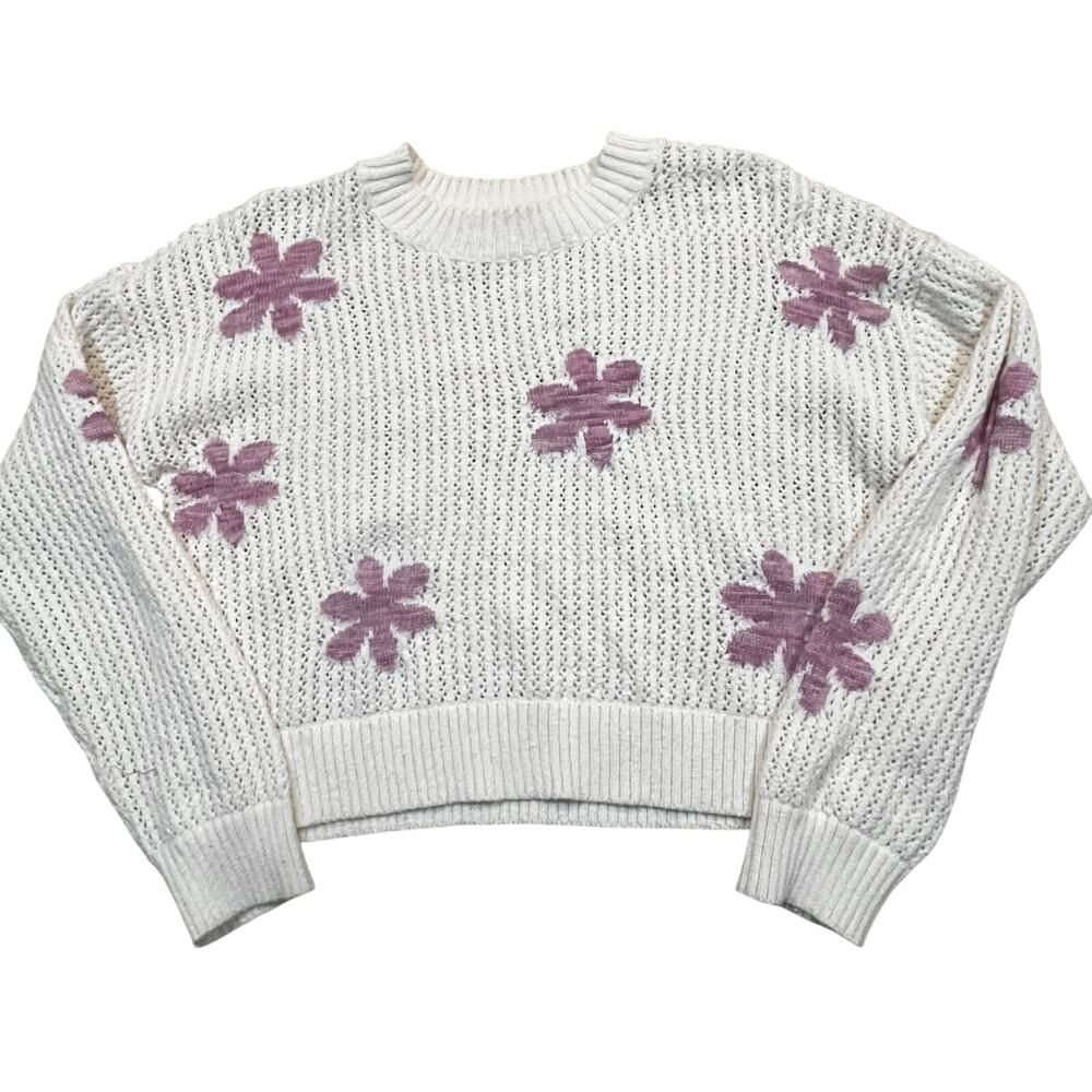 Sugar Moon Women’s L White Knit Sweater Cropped Floral Crewneck Lightweight Boho